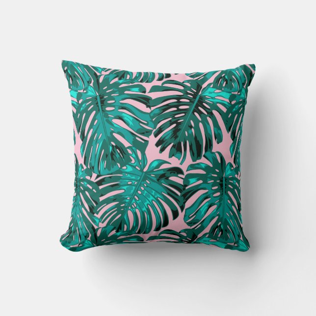 Tropical Turquoise Pink Monstera Jungle Leaves Cushion (Front)