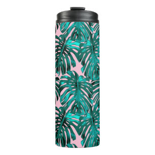 Tropical Turquoise Pink Monstera Jungle Leaves Thermal Tumbler