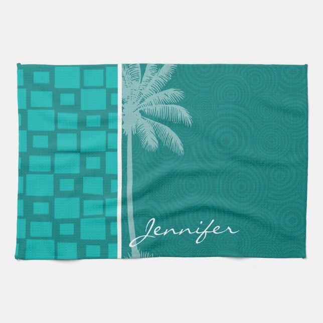 Tropical Turquoise Squares Tea Towel (Horizontal)
