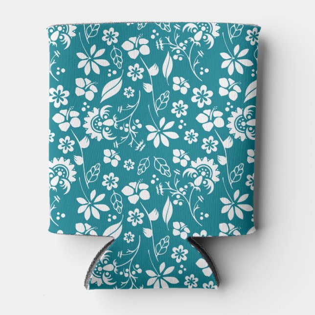 Tropical Turquoise Teal Blue Floral Pattern Can Cooler (Front)