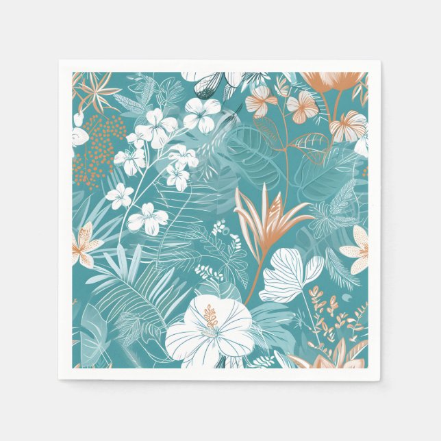 Tropical Turquoise & Terracotta Hibiscus Floral  Napkin (Front)