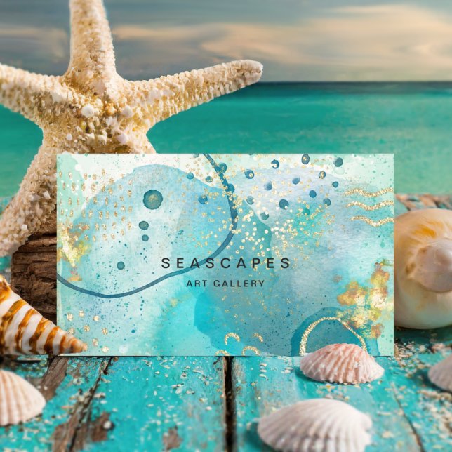 Tropical Turquoise Watercolor Coastal Abstract Business Card (Creator Uploaded)