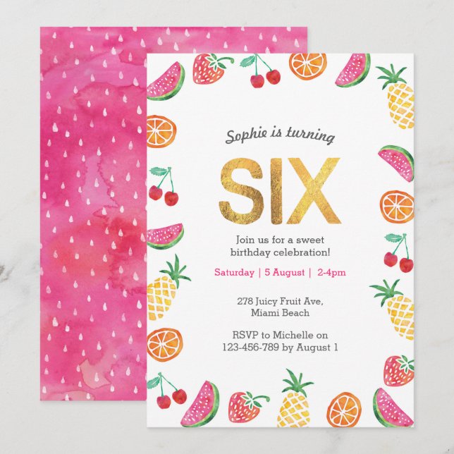 Tropical Tutti Fruitt Gold 6th Birthday Invitation (Front/Back)