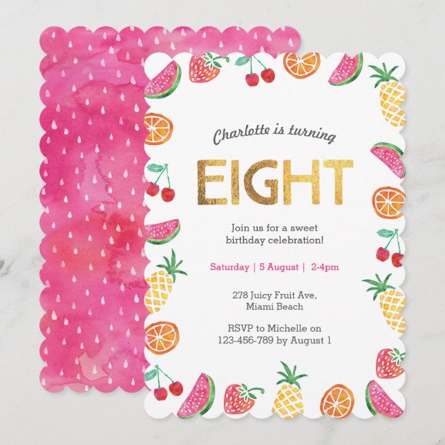 Tropical Tutti Fruitt Gold 8th Birthday Invitation (Front/Back)