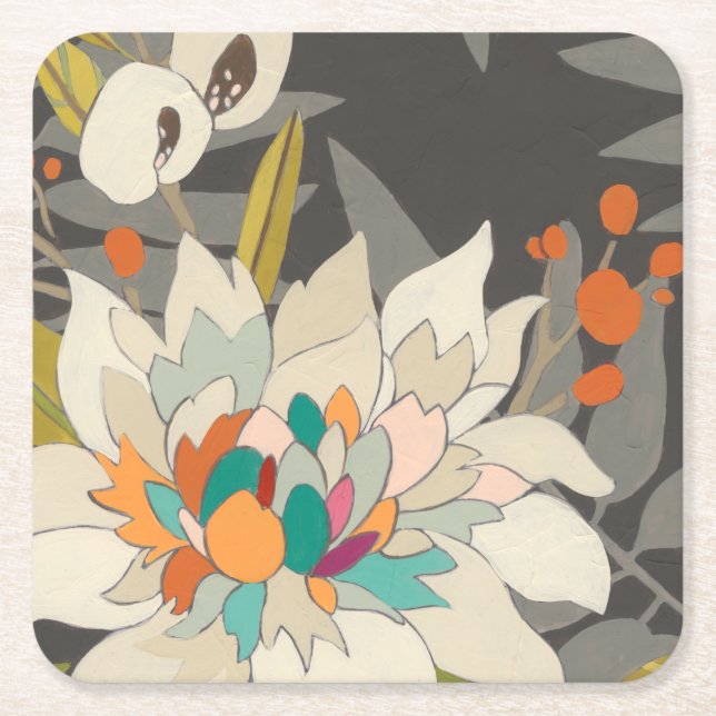 Tropical Twilight Flowers Square Paper Coaster (Front)