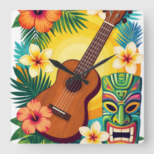 Tropical Ukulele Tiki Luau Party Vibes T-Shirt Square Wall Clock