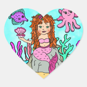 Tropical Under the Sea Red Haired  Mermaid Heart Sticker
