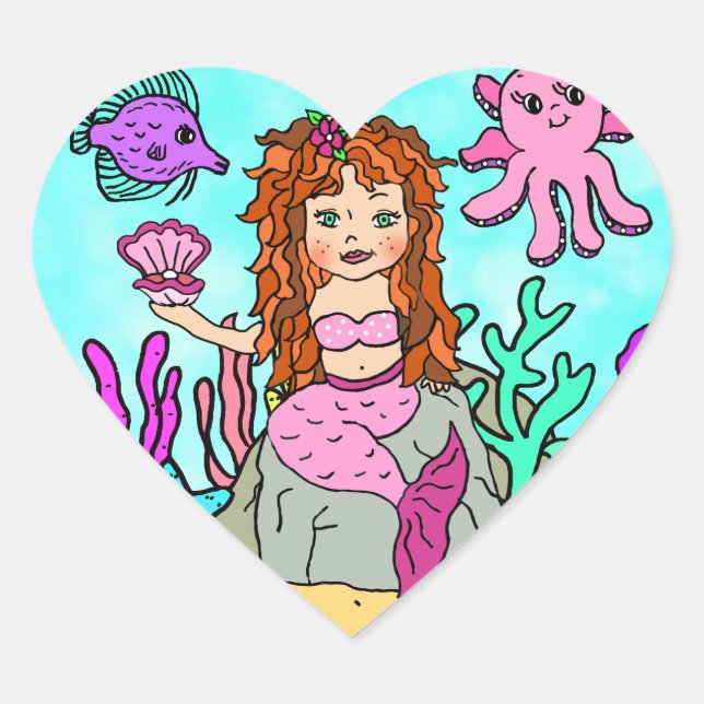 Tropical Under the Sea Red Haired  Mermaid Heart Sticker (Front)