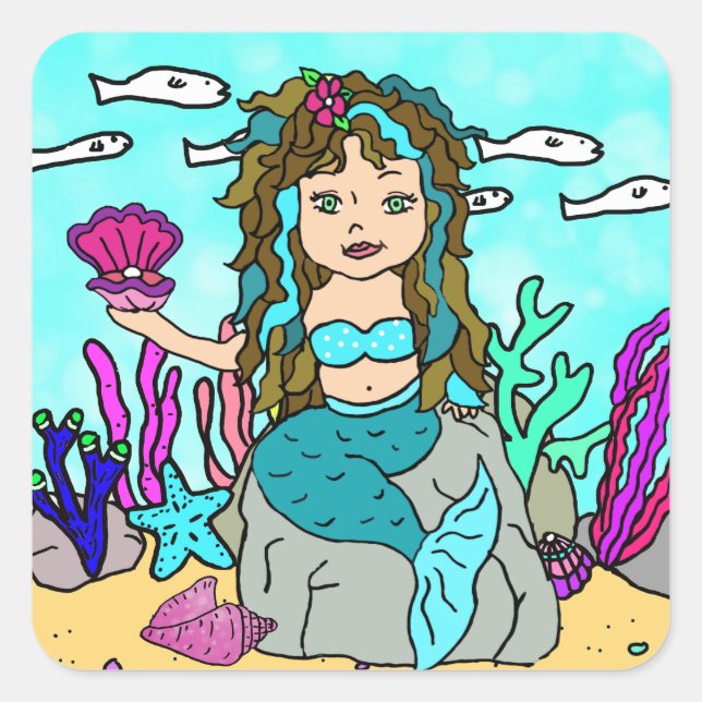 Tropical Under the Sea Turquoise Mermaid Square Sticker (Front)
