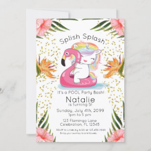 Tropical Unicorn Pool Party Birthday Invitation