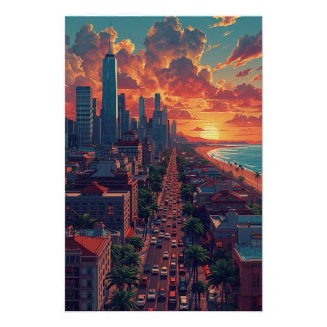 Tropical Urban Sunset, Vibrant Cityscape Boulevard Poster (Front)
