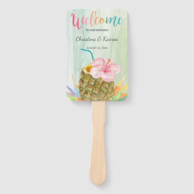 Tropical Vacation Pineapple Hibiscus Wedding Party Hand Fan (Front)