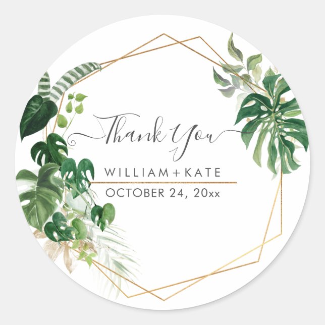 Tropical Variegated Greenery Thank You Classic Round Sticker (Front)
