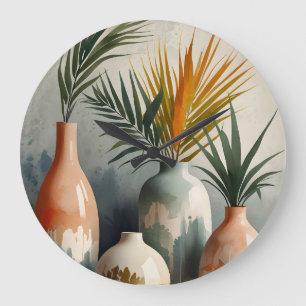 Tropical Vases in Watercolor Hues Large Clock