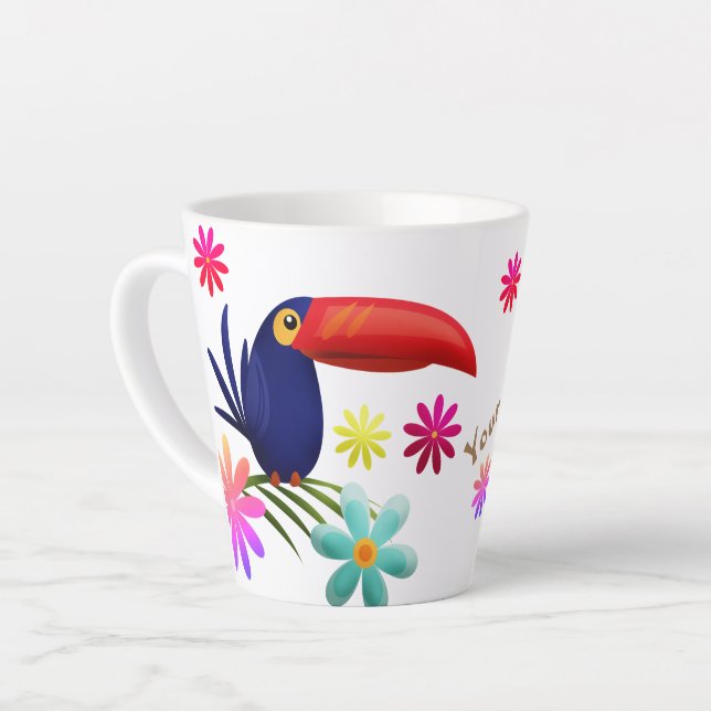 TROPICAL VIBE. VIBRANT JUNGLE FLOWERS. TOUCAN BIRD LATTE MUG (Left Angle)