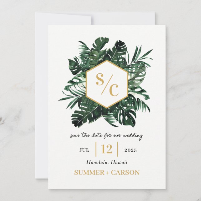 Tropical Vibe Wedding Save The Date Card (Front)
