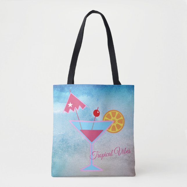 Tropical Vibes Blue & Pink Cocktail Abstract Sea Tote Bag (Front)
