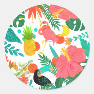 Tropical Vibes Floral Leaves Summer Luau Party Classic Round Sticker