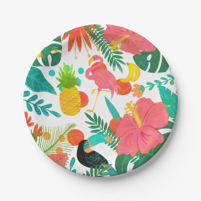 Tropical Vibes Floral Leaves Summer Luau Party Paper Plate (Front)