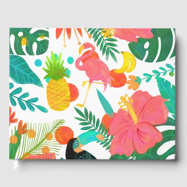 Tropical Vibes Floral Leaves Summer Luau Wedding Guest Book (Front)