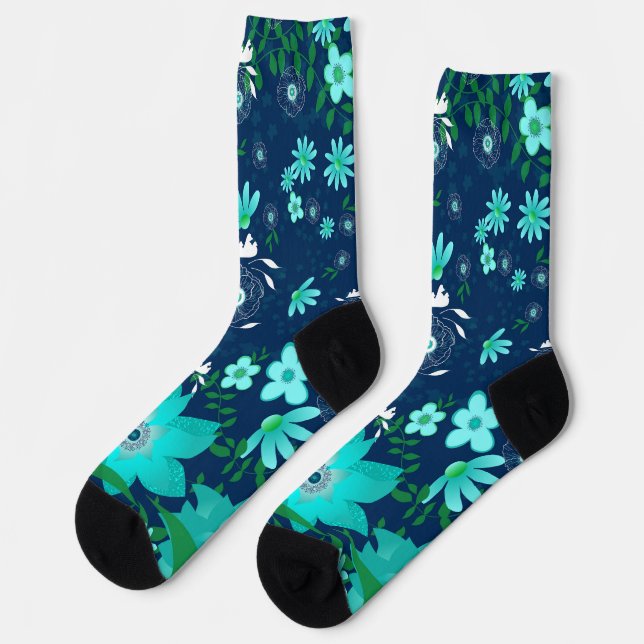 Tropical Vibes Girlie Floral Turquoise Navy Socks (Left)