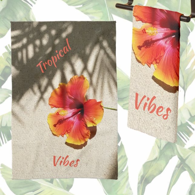 Tropical Vibes Hibiscus on Customizable Sand Tea Towel (Creator Uploaded)