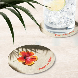 Tropical Vibes Hibiscus on Sand Customisable Round Paper Coaster