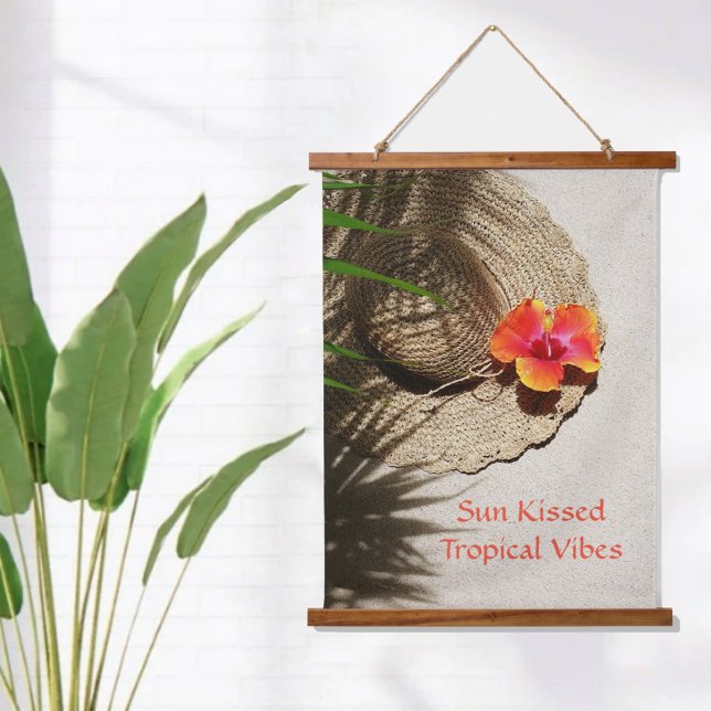 Tropical Vibes Hibiscus Sunhat on Sand Beach Hanging Tapestry (Creator Uploaded)