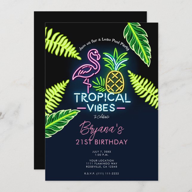 Tropical Vibes Neon Glow Leaves Birthday Party Invitation (Front/Back)