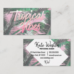 Tropical Vibes Typography Pink Watercolor Palms Business Card