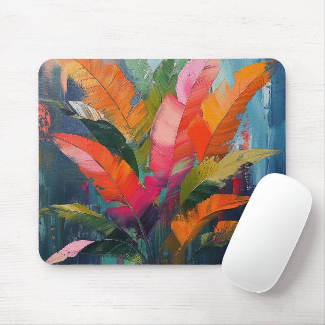 Tropical Vibrance – Abstract Colorful Leaves Mouse Mat (With Mouse)