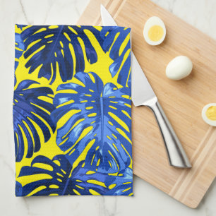 Tropical Vibrant Blue Yellow Island Leaves Tea Towel