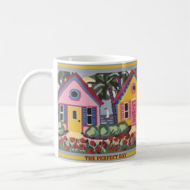 Tropical Vibrant Coloured Houses Sailboat Coffee Mug (Left)