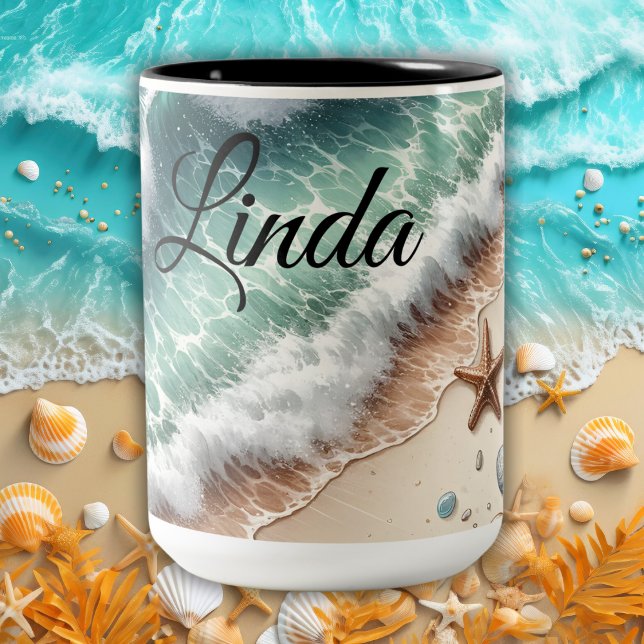 Tropical Vibrant Sand Beach Personalised Name Two-Tone Coffee Mug (Creator Uploaded)