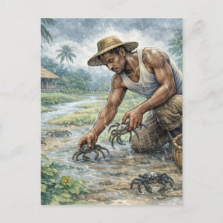 Tropical Village Life: Man Catching Crabs in Rain Postcard