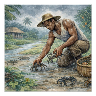Tropical Village Life: Man Catching Crabs in Rain Poster