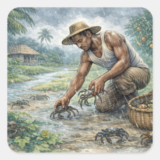 Tropical Village Life: Man Catching Crabs in Rain Square Sticker