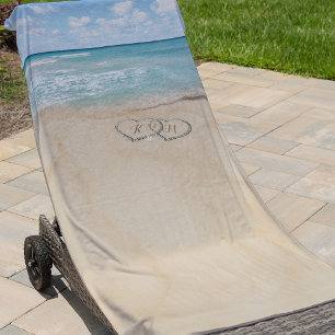 Tropical Vintage Beach Heart Shore Monogram Beach Towel