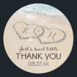 Tropical Vintage Beach Heart Shore Wedding Favour Classic Round Sticker<br><div class="desc">Beach destination wedding favour stickers featuring a summer tropical beach island background, a vintage sandy beach with two hearts in the shoreline, your initials and a editable text template. Click on the “Customise it” button for further personalisation of this template. You will be able to modify all text, including the...</div>