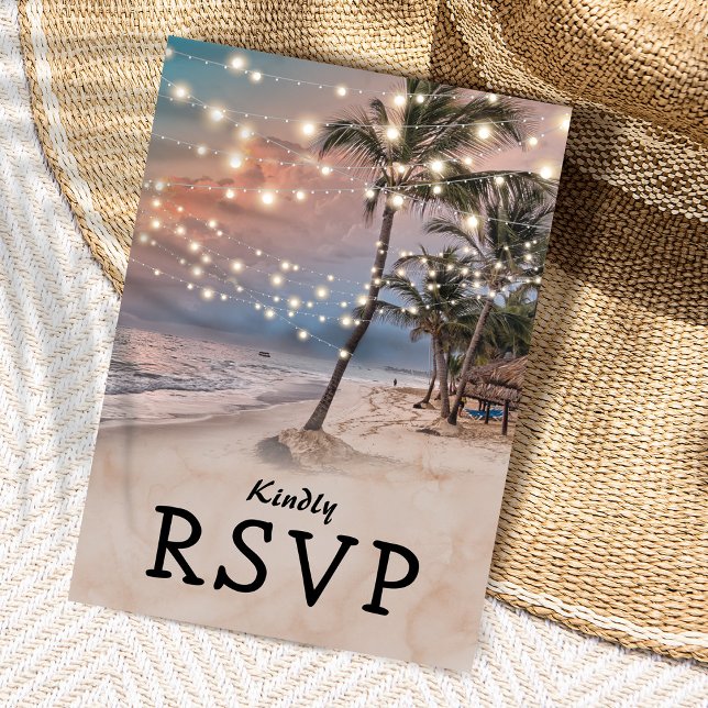 Tropical Vintage Beach Lights Wedding RSVP Invitation Postcard (Creator Uploaded)