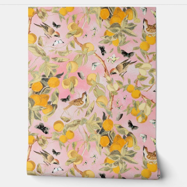Tropical Vintage Birds In Fruit Garden Chinoiserie Wallpaper (Unrolling)