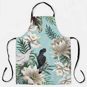 Tropical vintage crane bird,  parrot,  lotus flowe apron