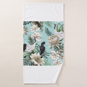 Tropical vintage crane bird, parrot, lotus flowe bath towel