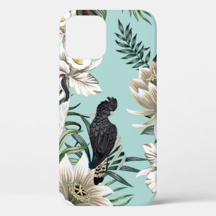 Tropical vintage crane bird,  parrot,  lotus flowe iPhone 12 case