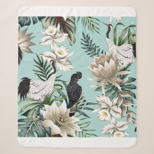 Tropical vintage crane bird, parrot, lotus flowe sherpa blanket