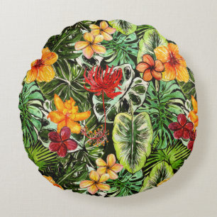 Tropical Vintage Exotic Jungle Flower Flowers Round Cushion