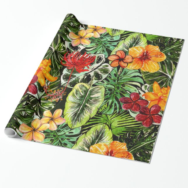 Tropical Vintage Exotic Jungle Flower Flowers Wrapping Paper (Unrolled)