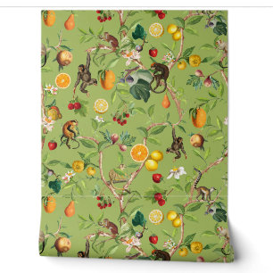 Tropical Vintage Monkey Fruit Garden Chinoiserie Wallpaper