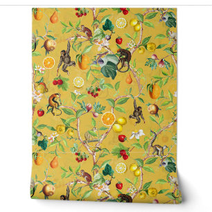 Tropical Vintage Monkey Fruit Garden Chinoiserie Wallpaper