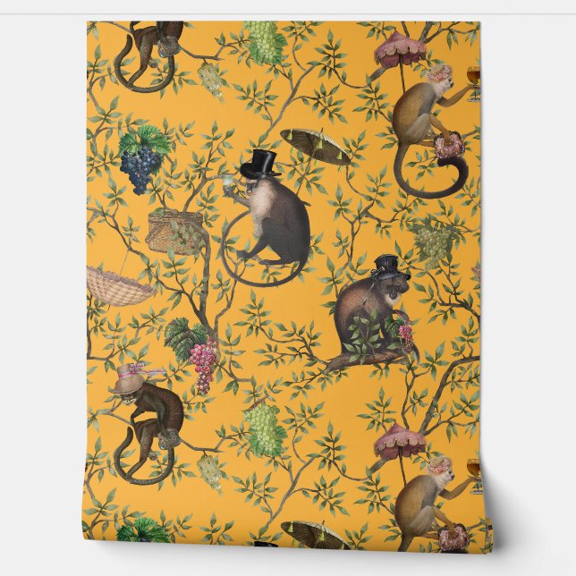 Tropical Vintage Monkey Gardenparty Chinoiserie  Wallpaper (Unrolling)